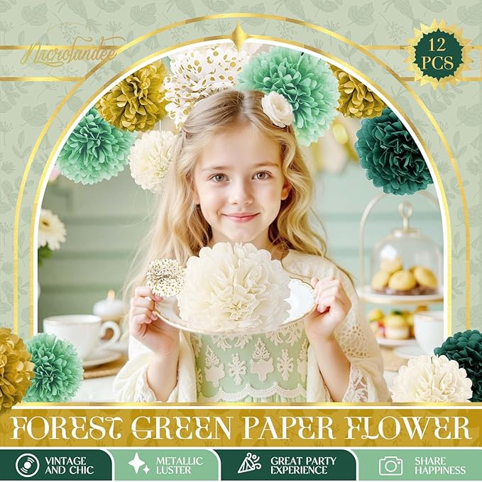NICROLANDEE Green Wedding Party Decorations - 12 PCS Emerald Green Ivory Tissue Paper Pom Poms for Neutral Baby Shower, Vintage Party, Birthday, Bridal Showers, Rustic Wedding Decorations