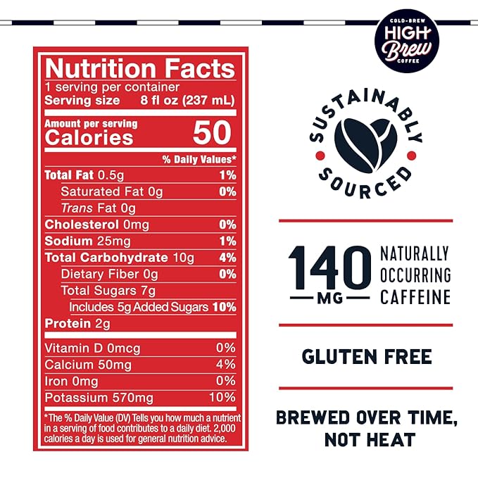 High Brew Coffee, Cold Brew Coffee, Double Espresso, 8 Fl Oz, Ready-To-Drink (Pack of 12)