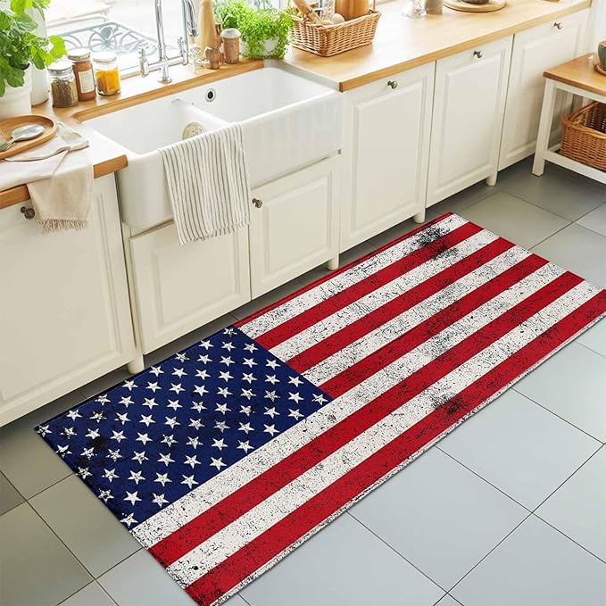 Runner Rug for Bedroom Hallway, Independence Day Stars Stripes Retro Kitchen Runner Rugs Area Rug 2x6ft, Patriotic Flag Red Blue Washable Soft Floor Carpet for Entryway Stair
