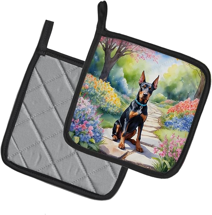 Caroline's Treasures Doberman Pinscher Spring Path Pair of Pot Holders Kitchen Heat Resistant Pot Holders Sets Oven Hot Pads for Cooking Baking BBQ, 7 1/2 x 7 1/2