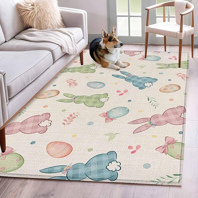 Area Rug 3x5ft, Happy Easter Cute Plaid Bunny Washable Rugs for Living Room Bedroom, Colorful Egg Leaves Farm Linen Soft Non-Slip Area Rugs Rectangle Floor Carpet for Dining Room