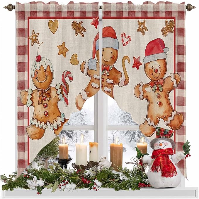 Christmas Swag Valance Curains Watercolor Ginger Bread Man Linen Texture Rod Pocket Kitchen Curtains Scalloped Window Treatment Valances Swag for Living Room Bedroom, 1 Pair, 36"W x 45"L