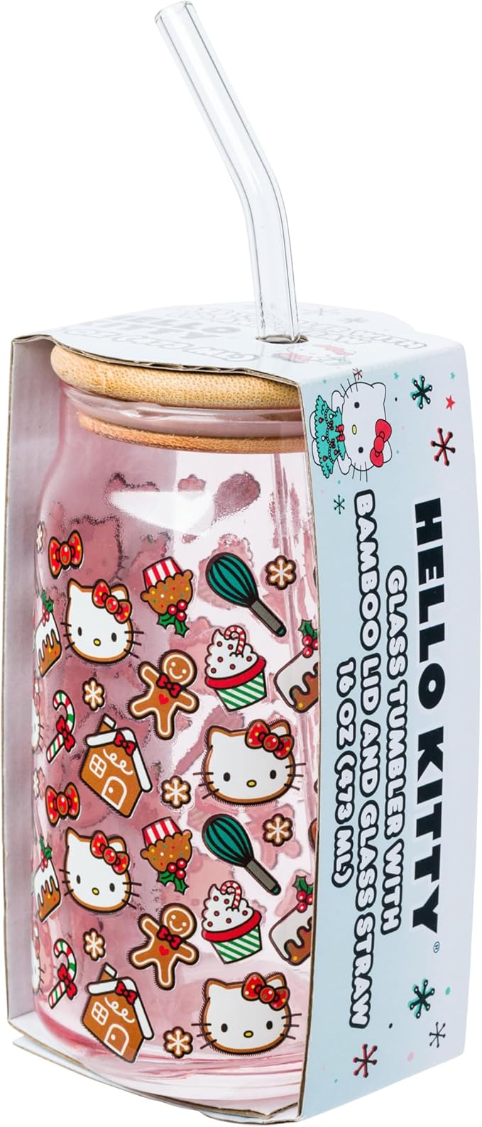 Silver Buffalo Sanrio Hello Kitty Gingerbread Cookies Christmas Holiday Pink Glass Jar Tumbler with Bamboo Lid and Glass Straw, 16 Ounces