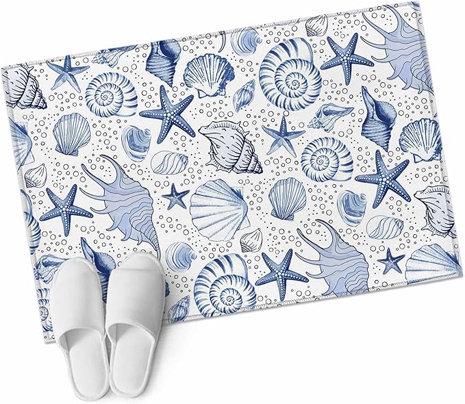Area Rug 2x3ft, Navy Blue Starfish Conch Shell Seamless Washable Rugs for Living Room Bedroom, Summer Ocean Bubbles Soft Non-Slip Area Rugs Rectangle Floor Carpet for Dining Room