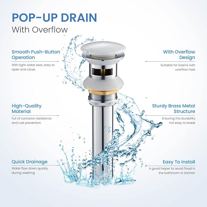 KIBI Ceramic White Bathroom Sink Pop-Up Drain with Overflow (Full Cover) | Lavatory Vanity Drain Stopper | Durable Leak-Proof Sink Drain for Bathroom, Kitchen, and Lavatories | KPW102