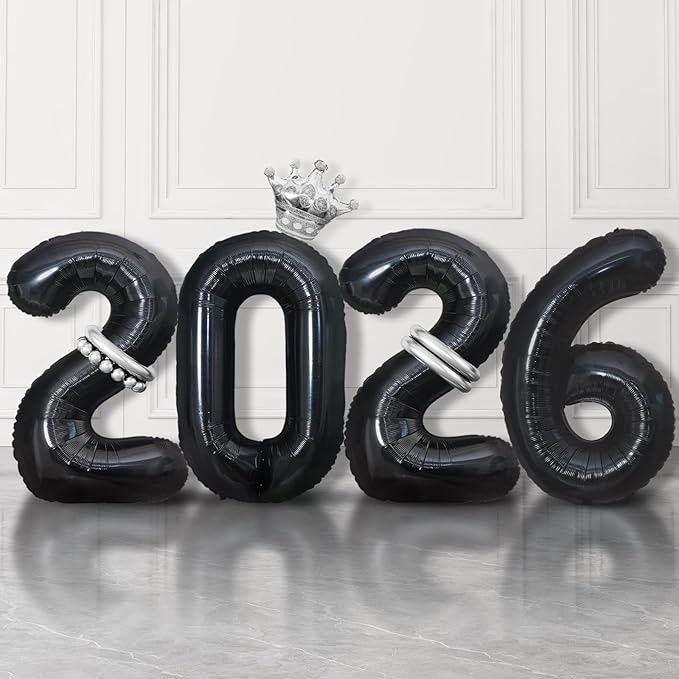 2026 Balloons Black,40 Inch 2026 Number Balloons with Foil Crown Balloons for Happy New Year Decorations New Years Eve 2026 Graduation Decorations Class of 2026 Party Supplies