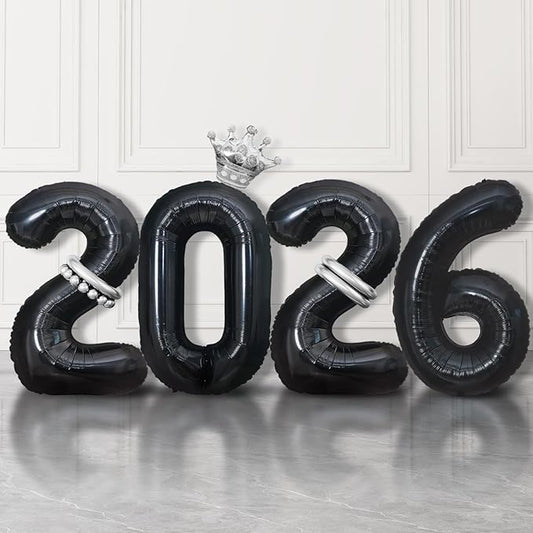 2026 Balloons Black,40 Inch 2026 Number Balloons with Foil Crown Balloons for Happy New Year Decorations New Years Eve 2026 Graduation Decorations Class of 2026 Party Supplies