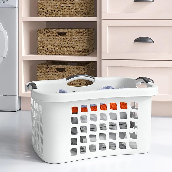 Redmon Comfort Grip Clothes Basket, Durable Plastic Laundry Storage with Ergonomic 3 Side Handles and Vented Design for Easy Carrying, White