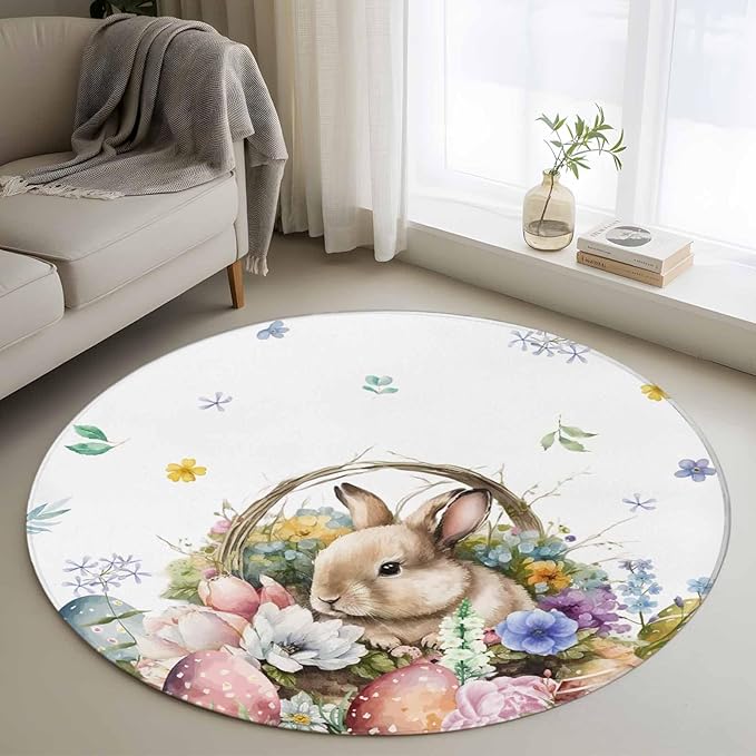 Washable Round Area Rug Easter Egg Spring Flower Cute Rabbit Circle Rugs Floor Carpet for Living Room Bedroom, Blossom Floral on White Soft Non Slip Round Rug 4ft