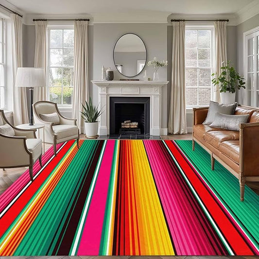 Area Rug 9x12ft, Vintage Mexican Stripes Abstract Washable Rugs for Living Room Bedroom Rectangle Floor Carpet, Native American Stripe Soft Non-Slip Area Rugs for Dining Room