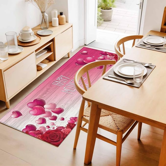 Runner Rug for Bedroom Hallway, Mother's Day Love Balloon Rose Kitchen Runner Rugs Area Rug 2x6ft, Gradient Pink Wood Grain Washable Soft Floor Carpet for Entryway Stair