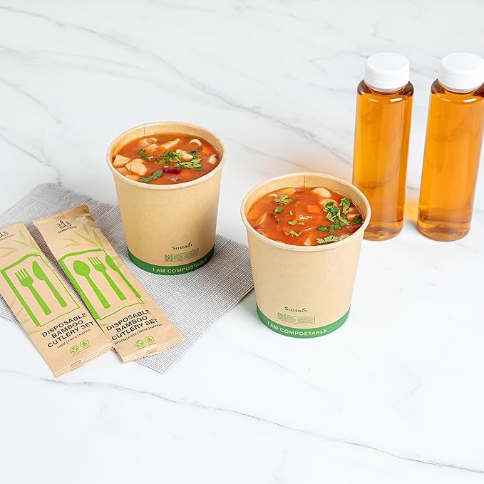 Restaurantware Paper Soup Containers 200 Pack Of 24 oz Disposable Kraft To Go Hot Soup Serving Bowls BPI-Certified Compostable Leakproof Stackable Food Containers For Noodles, Pasta And Desserts