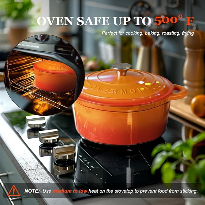 Overmont Enameled Cast Iron Dutch Oven - 7QT Pot with Lid Cookbook & Cotton Potholders - Heavy-Duty Cookware for Braising, Stews, Roasting, Sourdough Baking orange