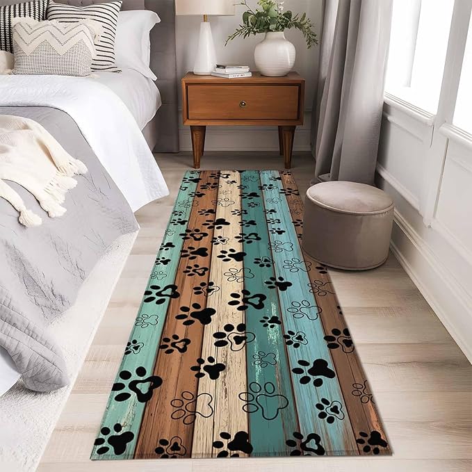 Runner Rug for Bedroom Hallway, Farm Brown Wood Board Kitchen Runner Rugs Area Rug 2x6ft, Dog Paw Print Animal Footprint Washable Soft Floor Carpet for Entryway Stair