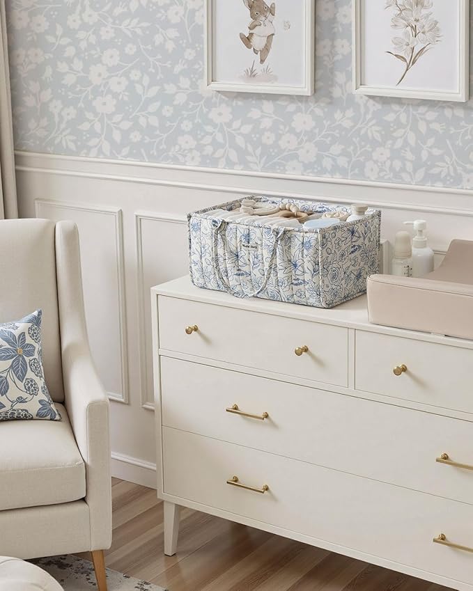 Quilted Fabric Storage Basket Floral Baby Diaper Caddy Quilted Basket Organizer for Newborn Nursery Bedroom Car Storage