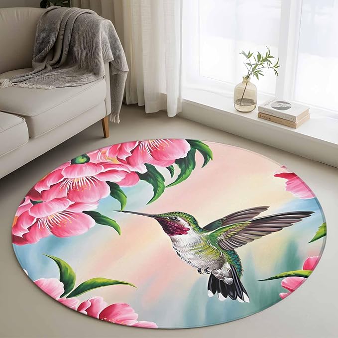 Washable Round Area Rug Hummingbird Flower Peach Blossom Circle Rugs Floor Carpet for Living Room Bedroom, Nature Oil Painting Art Soft Non Slip Round Rug 3ft