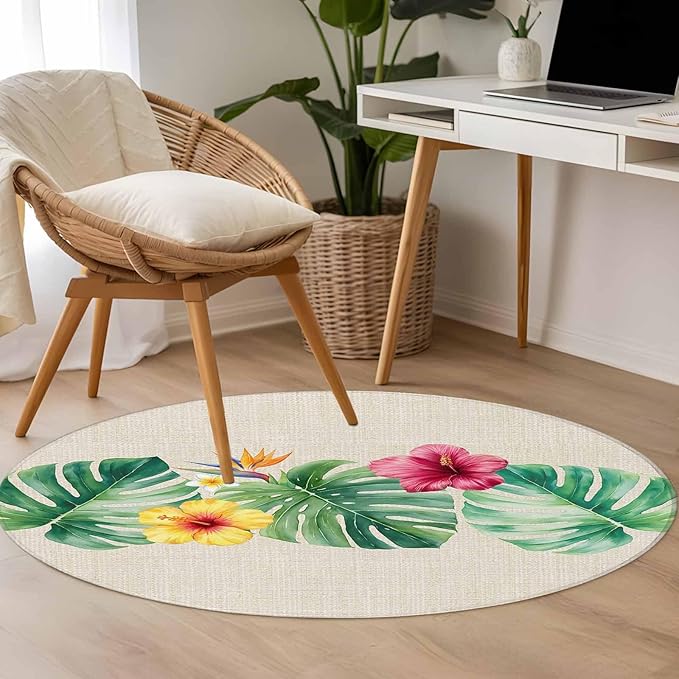 Washable Round Area Rug Country Monstera Hibiscus Foliage Circle Rugs Floor Carpet for Living Room Bedroom, Tropical Plant Vintage Linen Soft Non Slip Round Rug 3ft