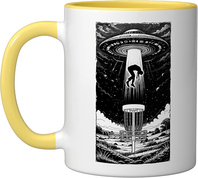 Disc Golf UFO Funny Flying Saucer Alien Abduction Basket Ceramic Mug, Yellow/White