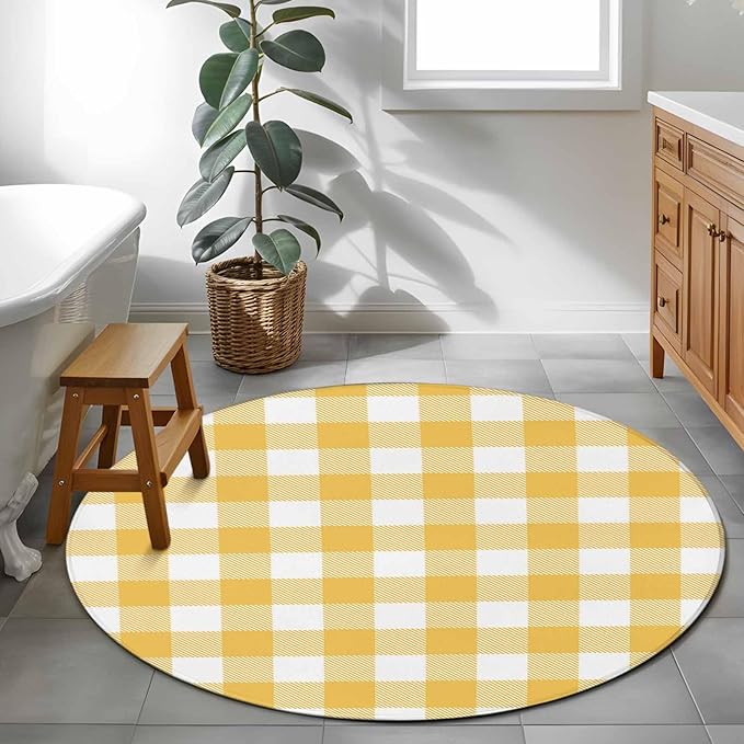 Washable Round Area Rug Rustic Country Yellow and White Buffalo Lattice Checked Circle Rugs Floor Carpet for Living Room Bedroom, Farm Style Soft Non Slip Round Rug 3ft