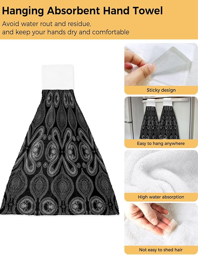 Alandar Home Kitchen Tie Towel Set of 1, Traditional Paisley Vintage Flower Absorbent Soft Hand Towels for Bathroom Hanging Towels, Oriental Themed Pattern Fast Drying Cleaning Cloth with Loop