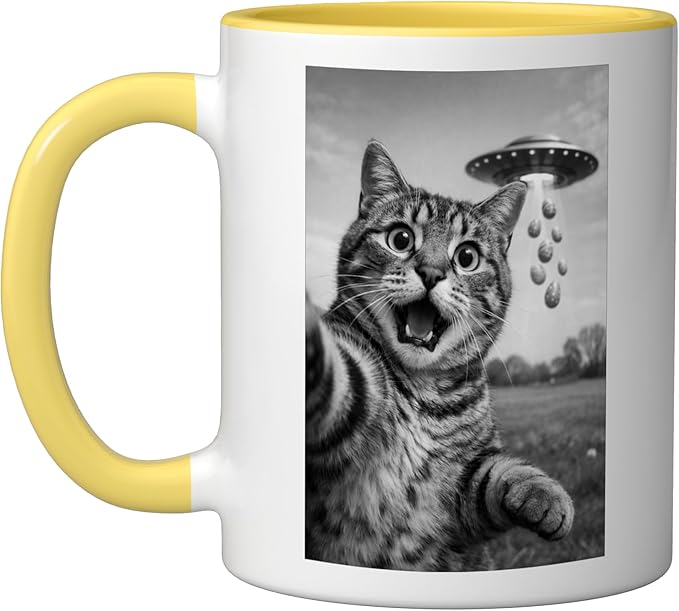 Funny Cat Selfie Easter Eggs Alien UFO Abduction Men Women Ceramic Mug, Yellow/White