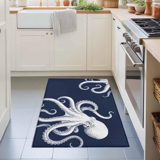 Area Rug 2x3ft, Underwater Ocean Giant Octopus Washable Rugs for Living Room Bedroom, Navy Blue White Marine Life Soft Non-Slip Area Rugs Rectangle Floor Carpet for Dining Room