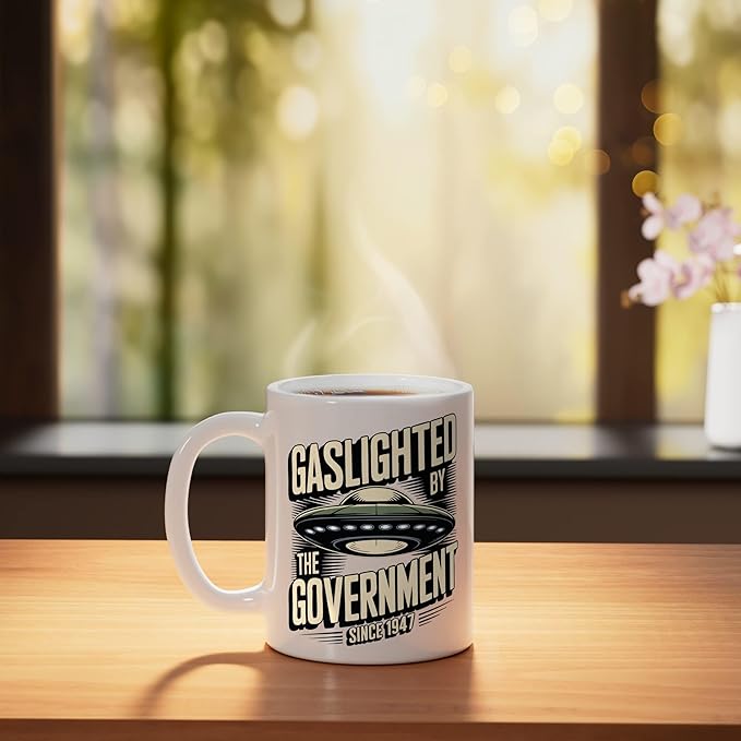Alien UFO Gaslighted by the Government 1947 Ceramic Mug, White