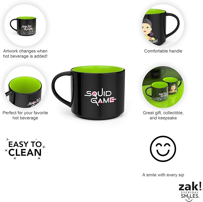 Zak Designs Squid Game Unique Color Change Ceramic Coffee Mug for Hot Drinks, Collectible Keepsake (17 oz, Red Light Green Light)