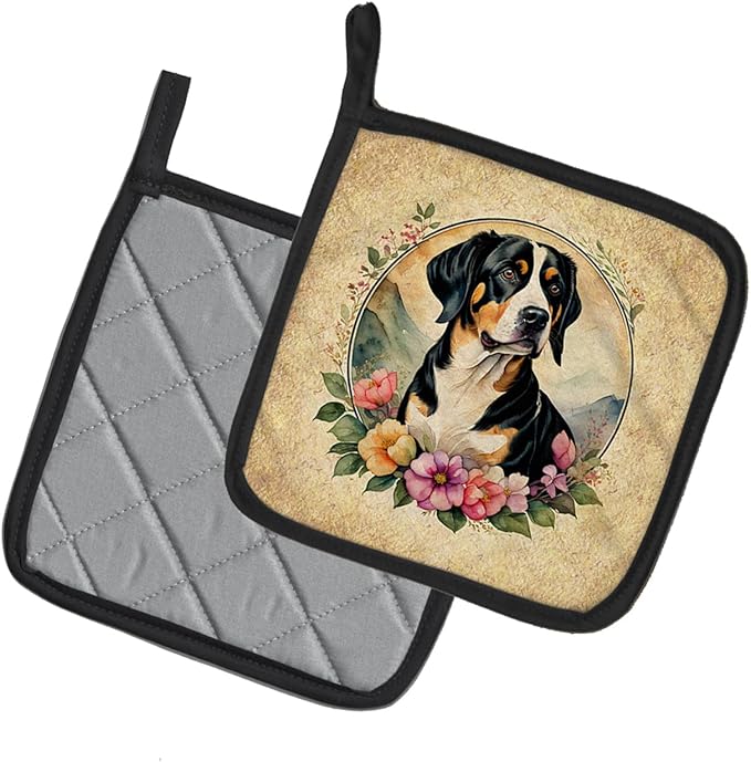 Caroline's Treasures Entlebucher Mountain Dog and Flowers Pair of Pot Holders Kitchen Heat Resistant Pot Holders Sets Oven Hot Pads for Cooking Baking BBQ, 7 1/2 x 7 1/2