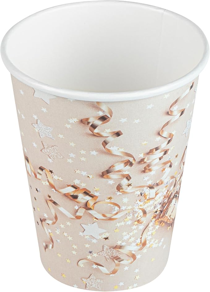 Restaurantware-Restpresso 12 Ounce New Year’s Eve Party Cups, 20 Hot Cups With Plastic Lids - Rolled Rim, Single Wall, Disposable Paper Coffee Cups, Sustainable, Serve Hot And Cold Drinks