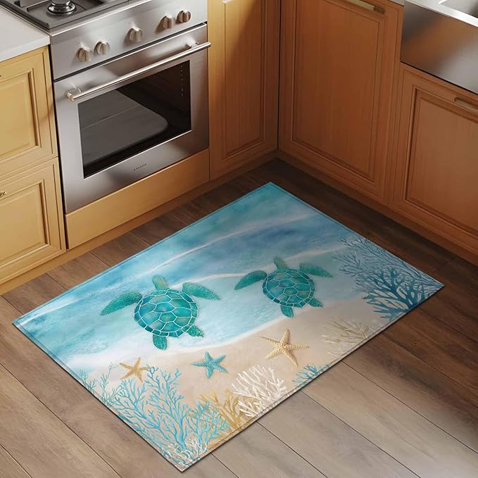 Area Rug 2x3ft, Sea Turtle Starfish Coral Washable Rugs for Living Room Bedroom, Summer Seaside Ocean Life Soft Non-Slip Area Rugs Rectangle Floor Carpet for Dining Room