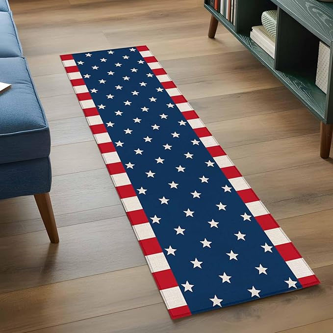 Runner Rug for Bedroom Hallway, American Independence Day Kitchen Runner Rugs Area Rug 2x6ft, USA Stars on Blue Red White Border Washable Soft Floor Carpet for Entryway Stair