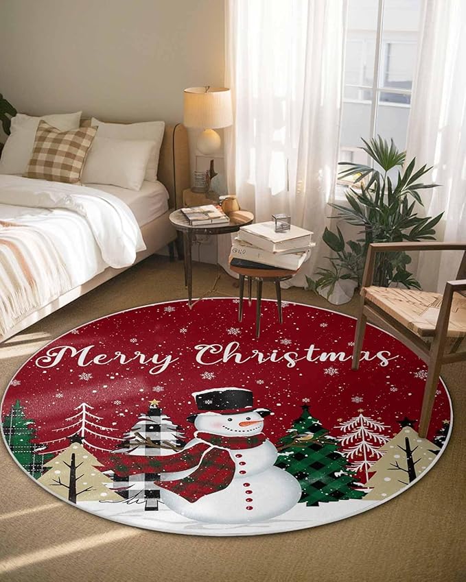 Round Area Rug,Christmas Snowman Green Pine Tree Circle Living Room Rug Non-Slip Rugs Indoor Carpet,Winter Snowflakes on Red Soft Comfort Rugs for Bedroom KidsRoom Nursery