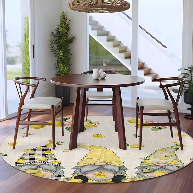 Washable Round Area Rug Summer Gnome with Lemon Circle Rugs Floor Carpet for Living Room Bedroom, Farmhouse Dwarf Fruit on Linen Soft Non Slip Round Rug 5ft