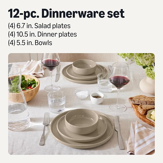 Amazon Basics Glazed Stoneware Dinnerware, 12-Piece Set, 4 Full Place Settings, Dishwasher-Safe, Microwave-Safe, Linen Gray