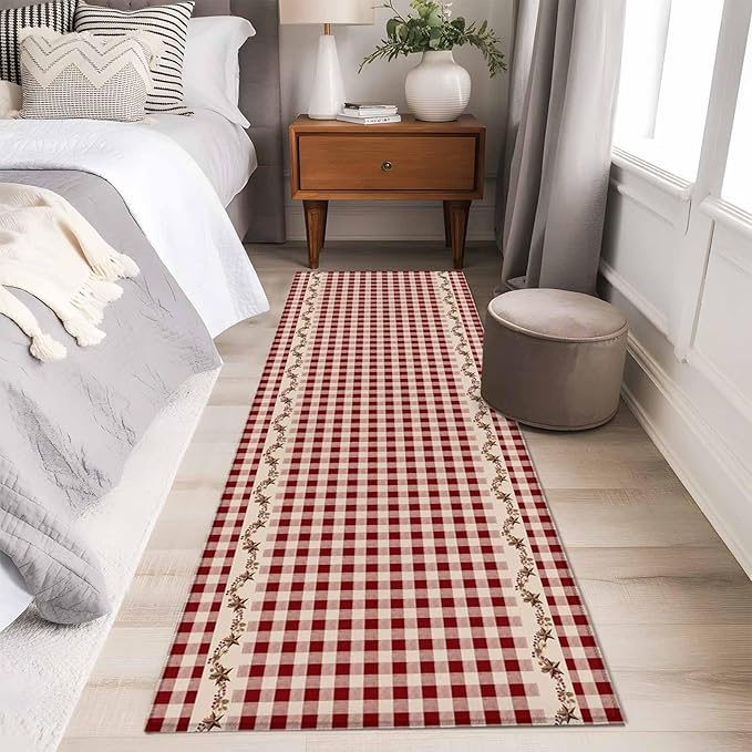 Runner Rug for Bedroom Hallway, Vintage Red Buffalo Plaid Berry Kitchen Runner Rugs Area Rug 2x6ft, Farmhouse Western Star Washable Soft Floor Carpet for Entryway Stair