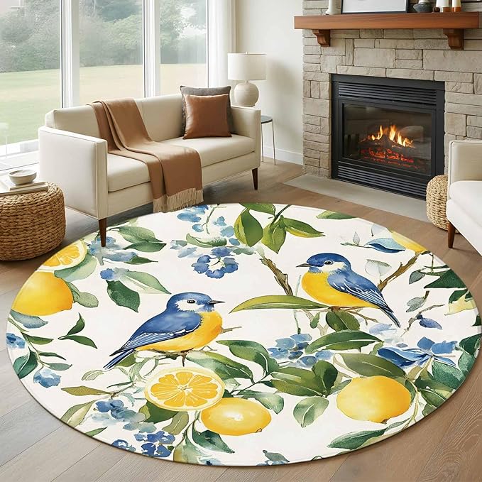 Washable Round Area Rug Pastoral Vintage Lemon Blue Bird Circle Rugs Floor Carpet for Living Room Bedroom, Retro Yellow Fruit Flowers Soft Non Slip Round Rug 5ft