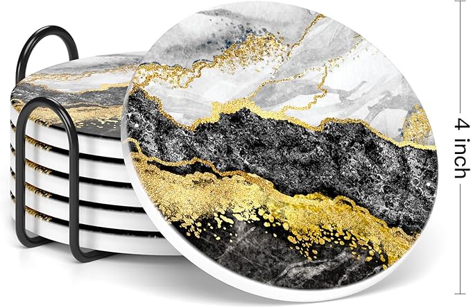 Nipichsha Coasters for Drinks, Set of 6 Cute Absorbent Ceramic Drink Coasters for Cup with Holder and Cork Base, Kitchen Home Decor Housewarming Gift, Round 4 in, White Black Gold