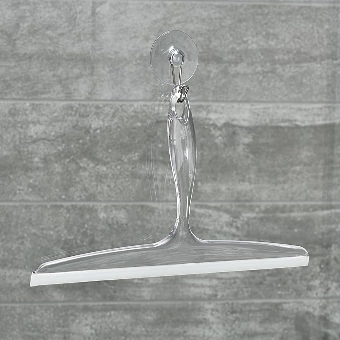 iDesign Plastic Bath Squeegee for Glass with Suction Hook Holder – 12", Clear