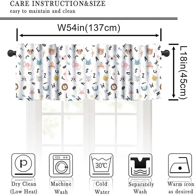 Animal Alphabet Valance, Kids Cartoon ABC Educational Learning Short Window Treatment for Kitchen Bedroom Nursery Classroom School, 54x18Inch