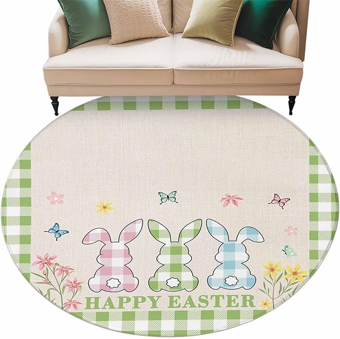 Washable Round Area Rug Happy Easter Bunny Shadow Flowers Circle Rugs Floor Carpet for Living Room Bedroom, Retro Linen Cotton and Grid Soft Non Slip Round Rug 5ft