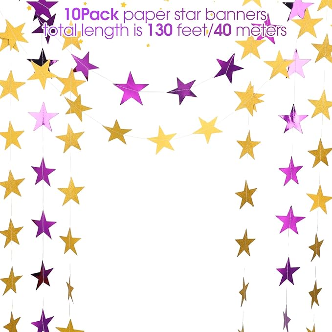 Patelai 130 Feet Glitter Star Garland Banner 2026 Party Decoration Double Side Star Hanging String Streamer Paper Twinkle for Graduation Wedding Birthday (Gold and Purple)