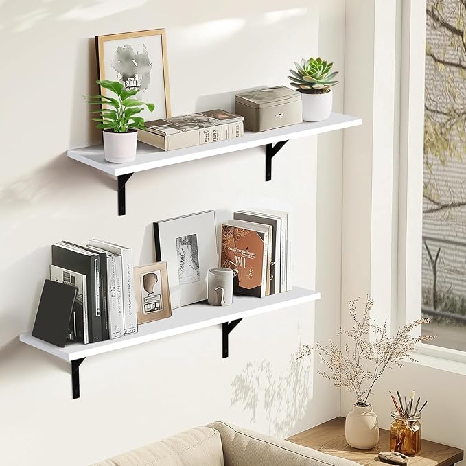 Tectocker-DOU Heavy Duty Long Wall Shelves Set of 2, Floating Shelves Wall Mounted with Industrial Brackets, 40lbs Capacity Shelves for Laundry Room, Kitchen, Bathroom, Living Room (31.5"*8",White)