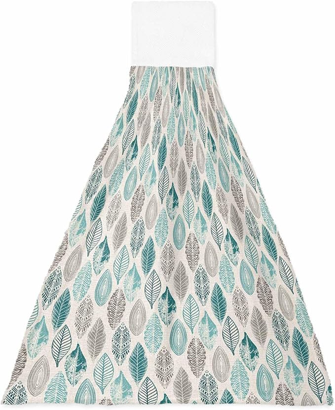 Alandar Home Kitchen Tie Towel Set of 1, Teal Leaf Gray Gradient Leaves Absorbent Soft Hand Towels for Bathroom Hanging Towels, Farm Plant Vintage Linen Fast Drying Cleaning Cloth with Loop