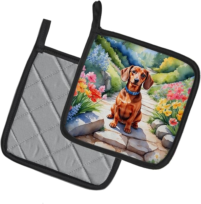 Caroline's Treasures Dachshund Spring Path Pair of Pot Holders Kitchen Heat Resistant Pot Holders Sets Oven Hot Pads for Cooking Baking BBQ, 7 1/2 x 7 1/2