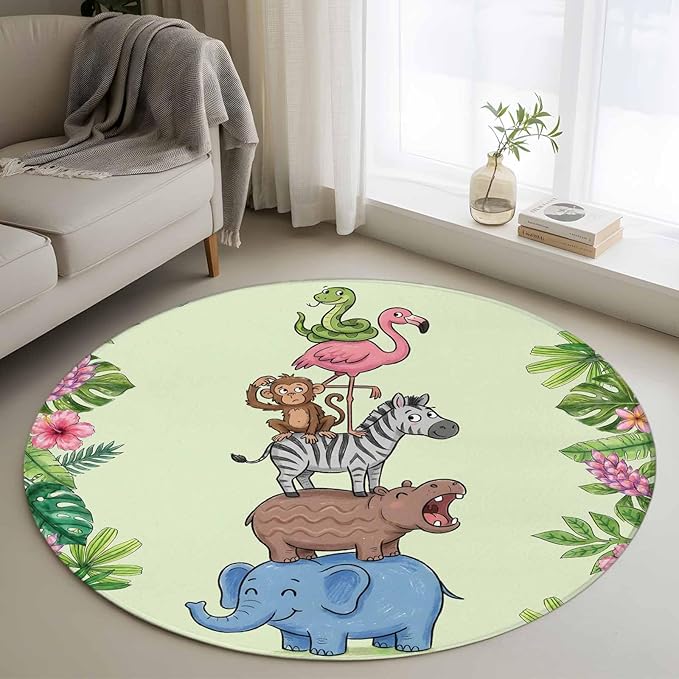 Washable Round Area Rug Funny Elephant Zebra Flamingo Circle Rugs Floor Carpet for Living Room Bedroom, Tropical Leaves Floral Soft Non Slip Round Rug 4ft