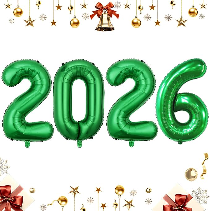 Green 2026 Balloons, Large 32 Inch Foil 2026 Number Balloons, Grad Balloons for Class of 2026 Graduation Party, Green Matellic Foil New Year Birthday Home Office Party Supplies