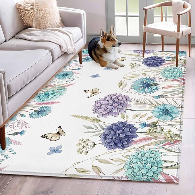 Area Rug 4x6ft, Spring Flower Thistle Hydrangea Washable Rugs for Living Room Bedroom, Wild Garden Floral Butterfly Soft Non-Slip Area Rugs Rectangle Floor Carpet for Dining Room