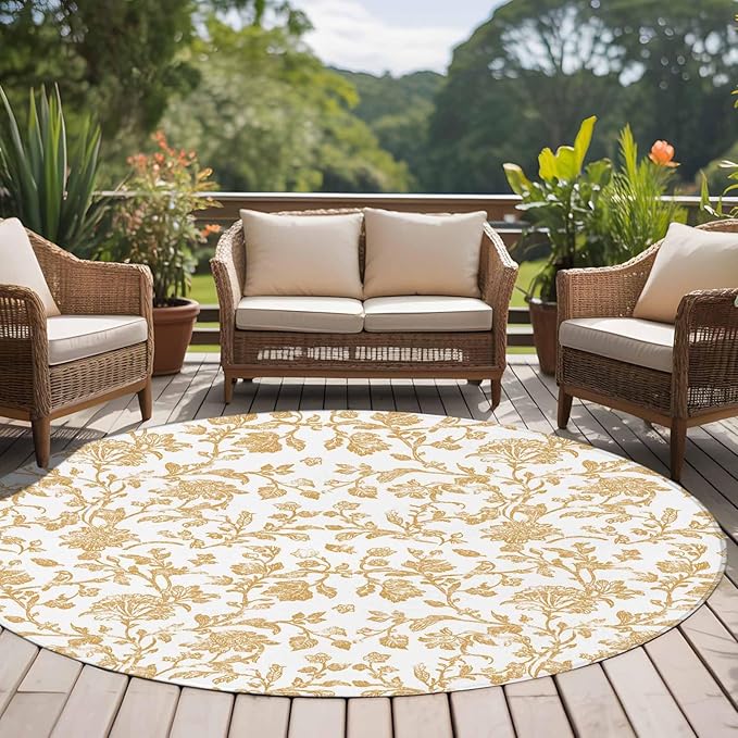 Washable Round Area Rug Vintage Farmhouse Flowers Pattern Circle Rugs Floor Carpet for Living Room Bedroom, Yellow Floral Art Soft Non Slip Round Rug 5ft