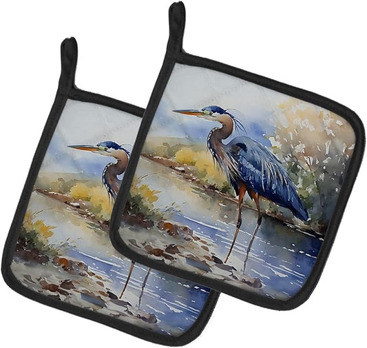 Caroline's Treasures Blue Heron Pair of Pot Holders Kitchen Heat Resistant Pot Holders Sets Oven Hot Pads for Cooking Baking BBQ, 7 1/2 x 7 1/2